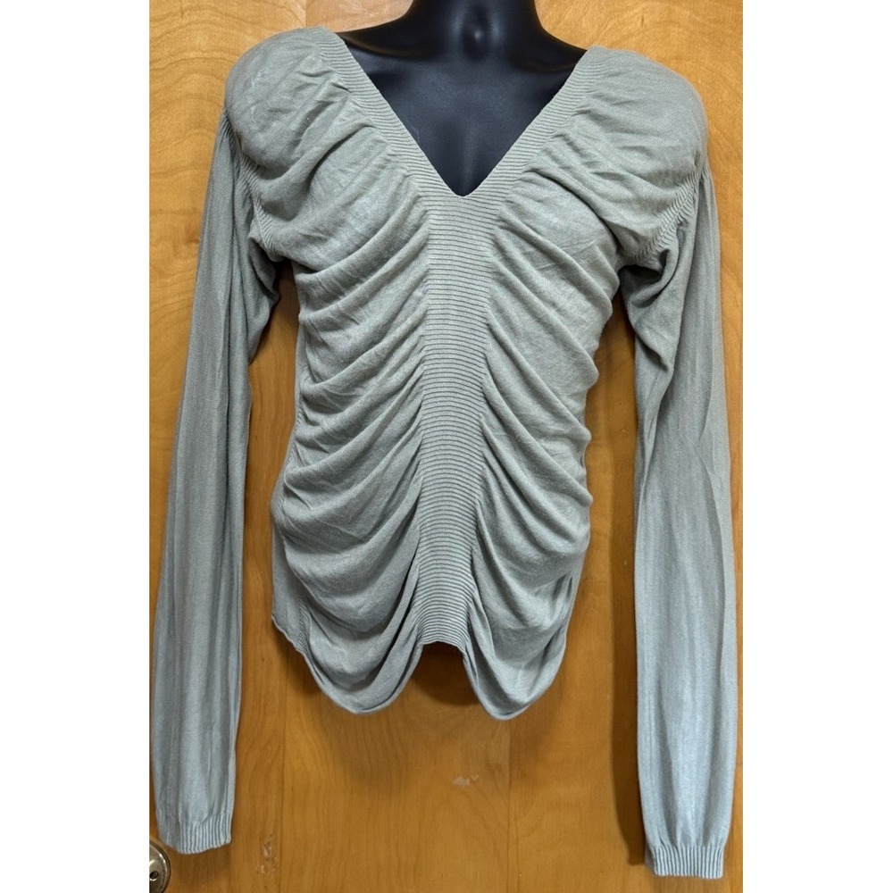 Arden B. Womens Ruched Deep V Neck Silk Blend Lightweight Sweater Sage Sz L
